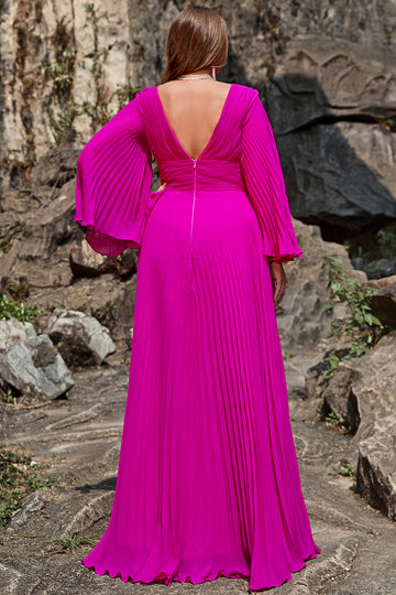 En linje djup V hals mörk Fuchsia Plus Size Bal klänning med långa ärmar